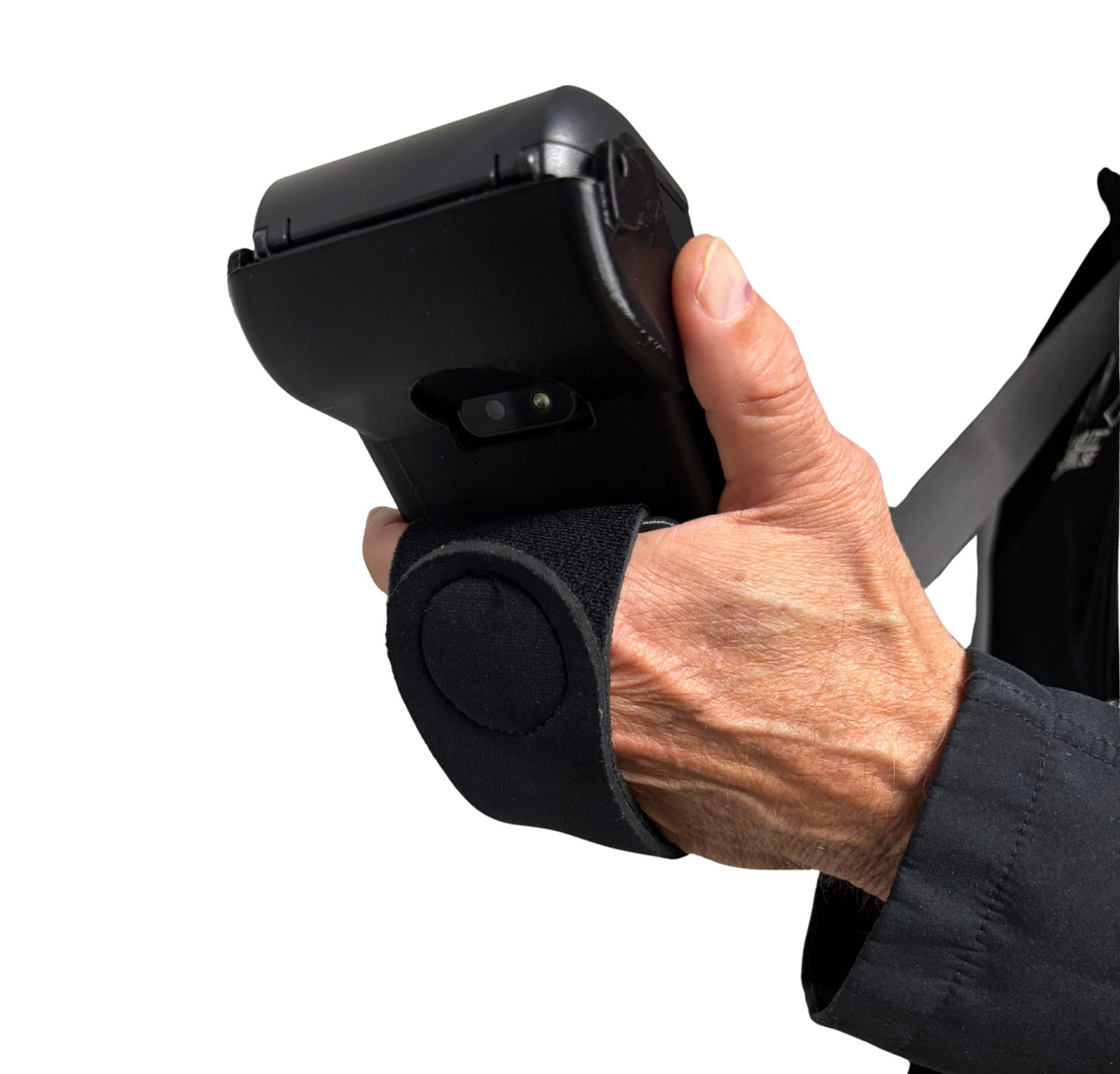 Photo of Handeholder's holder for the Ingenico AXIUM DX8000 being held by a hand strap.